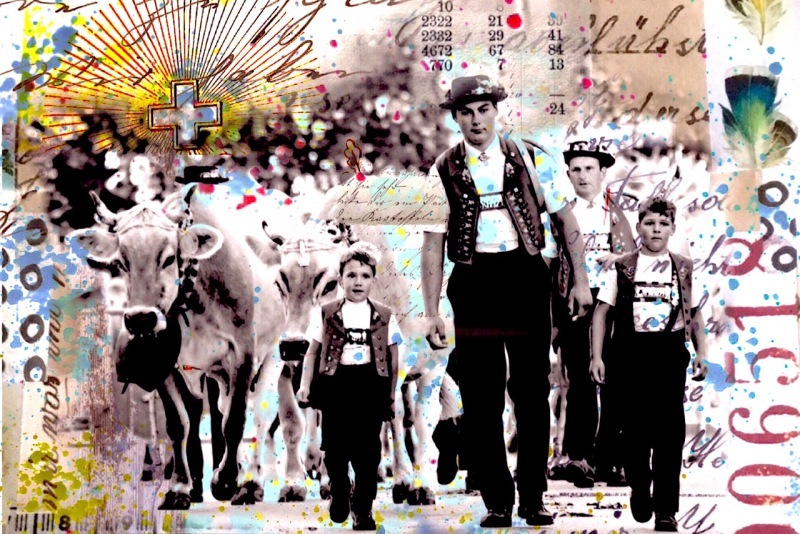 Swissmarion-duschldetta-bild-pop-art-collage-vintage-times-schweiz-switzerland-appenzell-kuehe