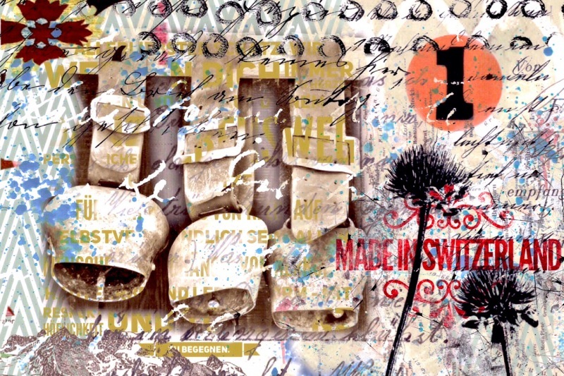 Swissmarion-duschldetta-bild-pop-art-collage-vintage-times-schweiz-switzerland-kuhglocken-gold