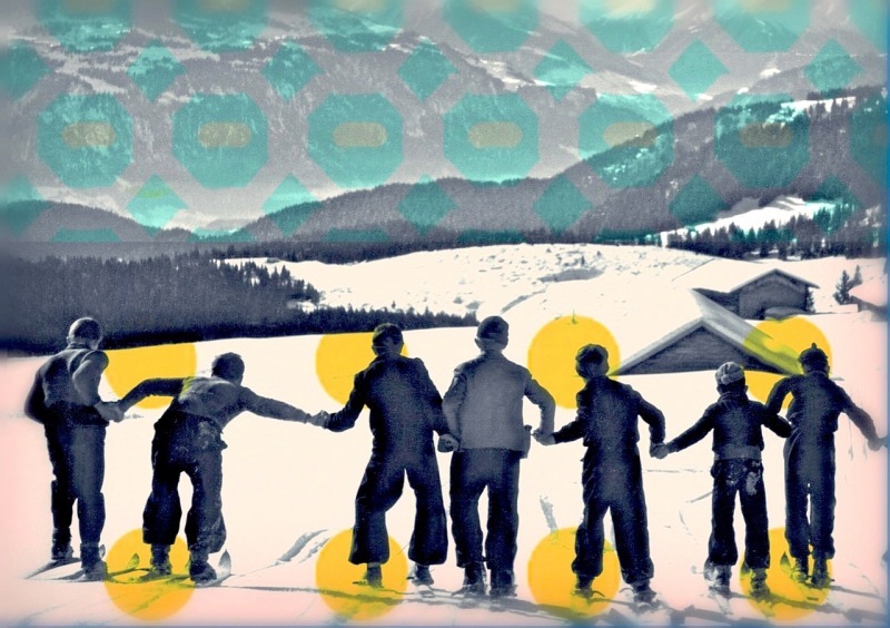 marion-duschldetta-bild-pop-art-collage-vintage-times-postkarte-kids-auf-skier