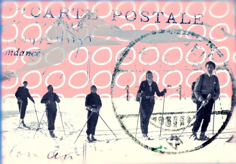 marion-duschldetta-bild-pop-art-collage-vintage-times-postkarte-touren-ski-fahrer-stempel-rosa