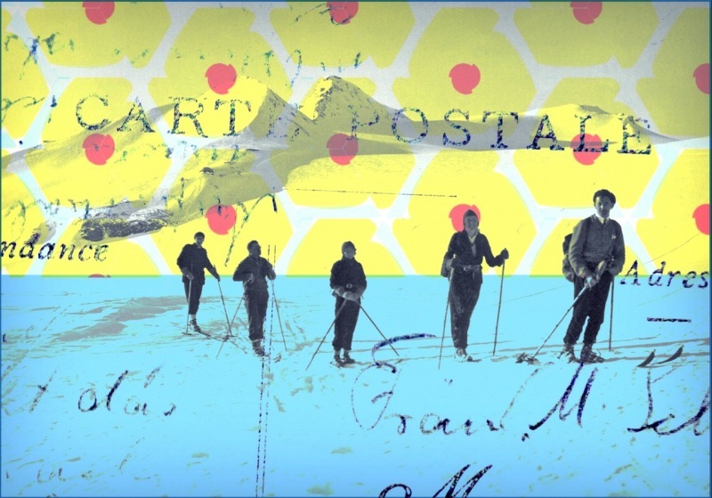 marion-duschldetta-bild-pop-art-collage-vintage-times-postkarte-touren-skifahrer-blau-gelb