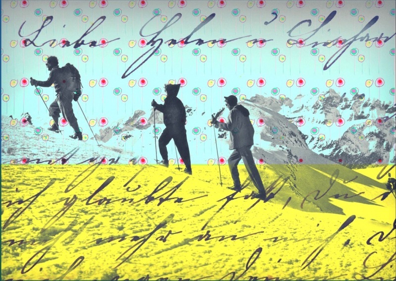 marion-duschldetta-bild-pop-art-collage-vintage-times-postkarte-touren-skifahrer-gelb-hellblau